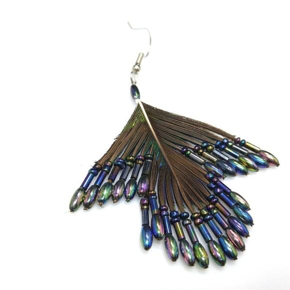 Handmade Peacock Feather Iridescent Glass Seed Beaded Earrings, 3 1/4 Inches - Picture 6 of 7